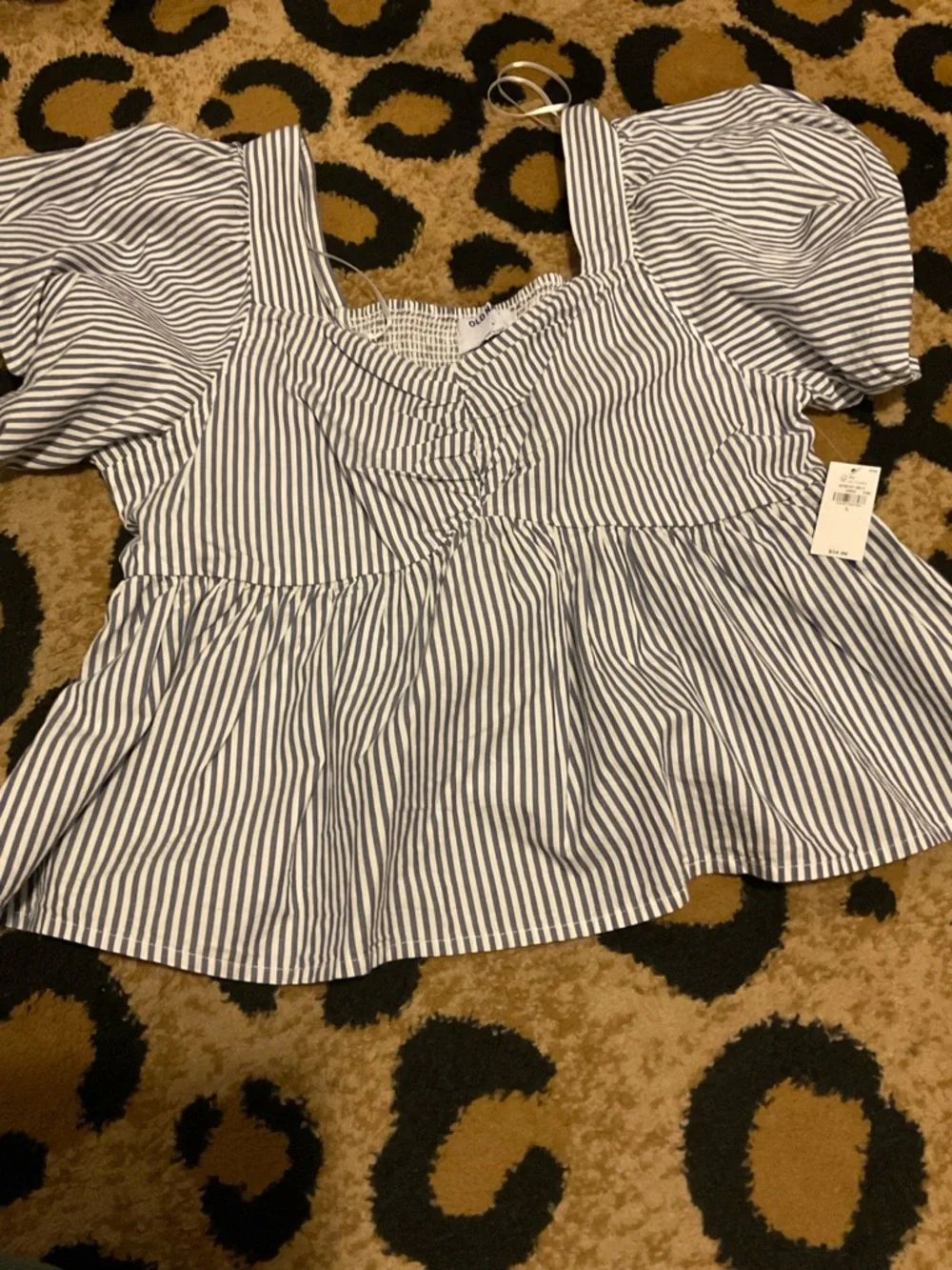 Old Navy Blue & White Striped Puff-Sleeve Peplum Top